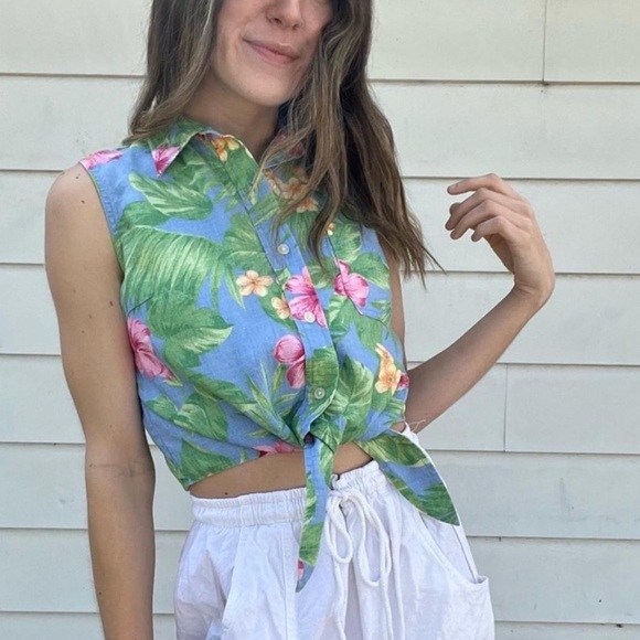 Ralph Lauren 100% Linen Tropical Print Sleeveless Tie Front Cropped Top - Picture 5 of 11